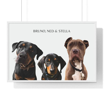 three pet portrait off-white background white frame
