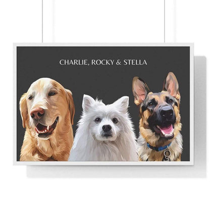 three pet portrait black background white frame