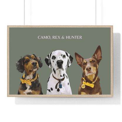three pet portrait green background wood frame
